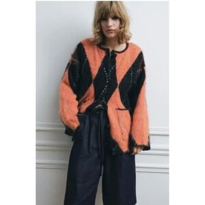 Zara Womens Argyle Fuzzy Knit Cardigan Orange Black Brown Button Front Sweater
